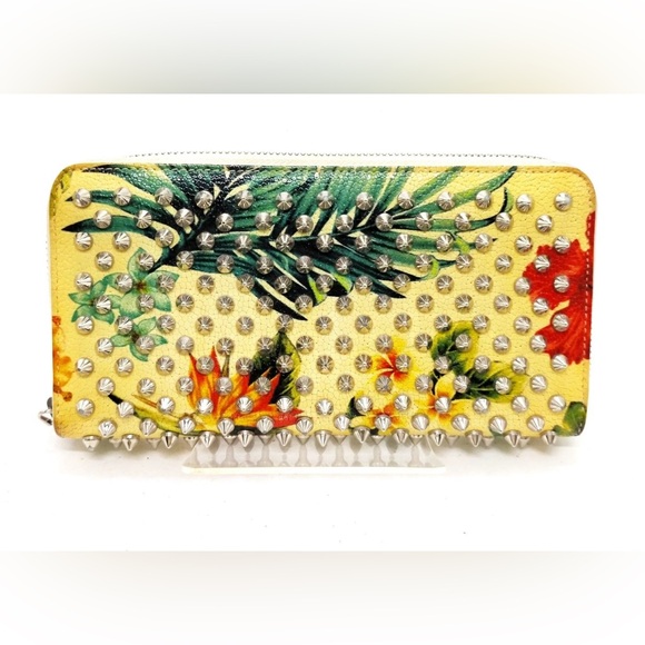 Christian Louboutin Long Wallet Yellow SPIKED Floral Patent leather AUTHENTIC - Picture 1 of 10